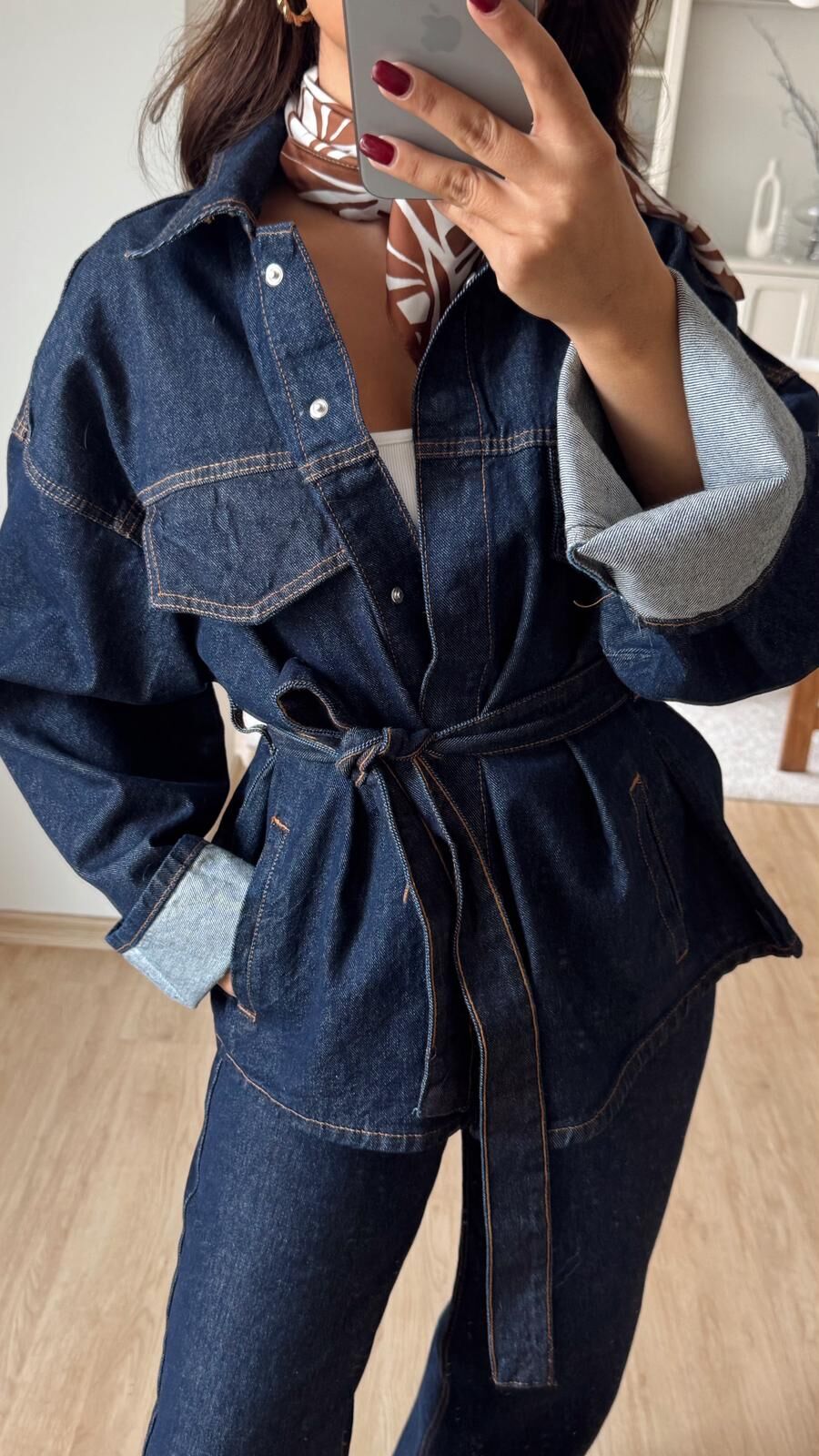 Kuşaklı Lacivert Denim Ceket