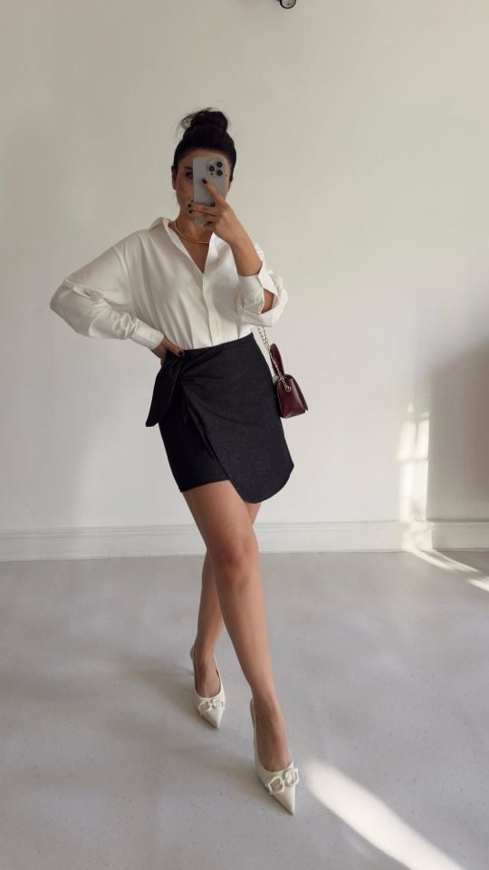 Denim Bağlamalı Etek Siyah