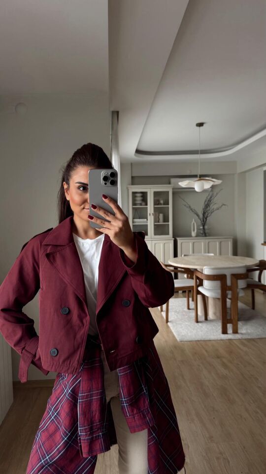 Düğmeli Crop Trench Bordo