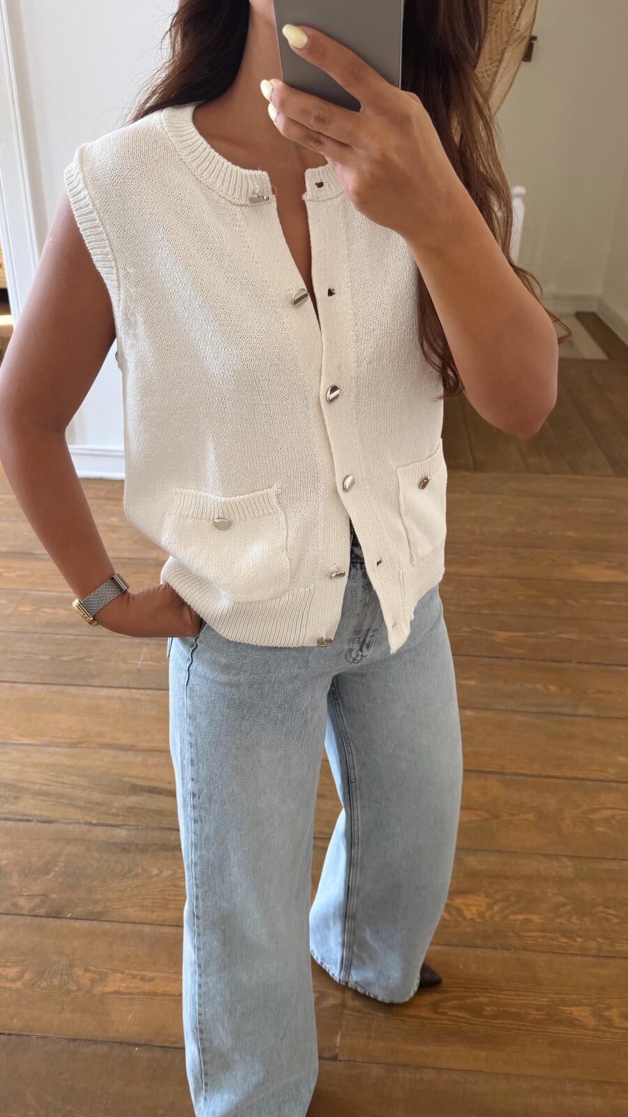 Metal Düğme Yelek Ekru