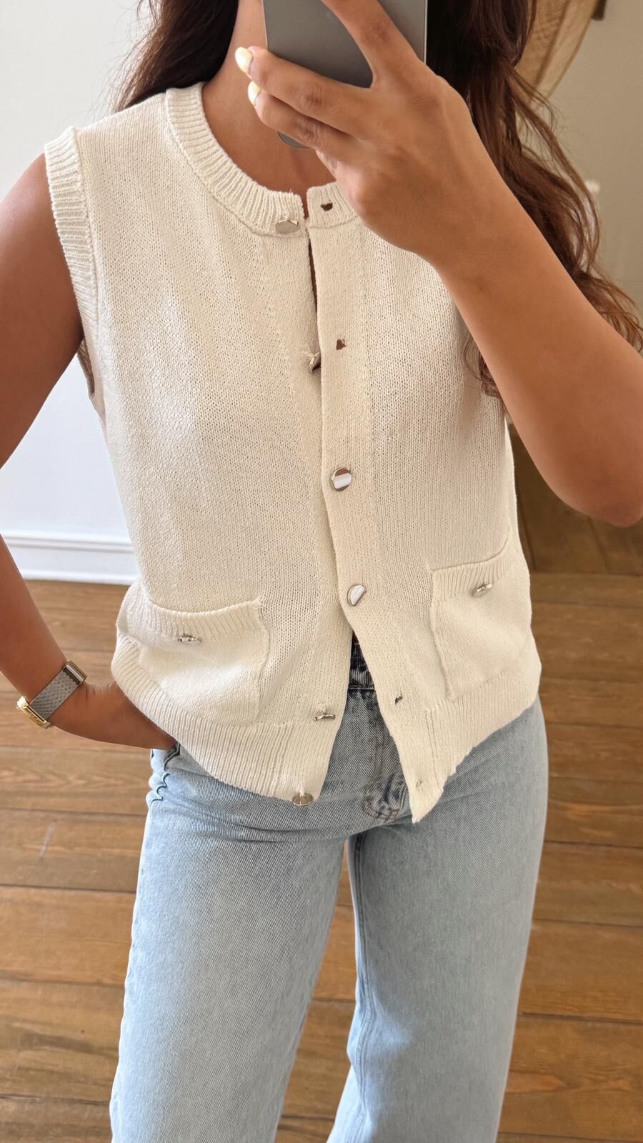 Metal Düğme Yelek Ekru