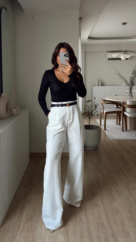 Pileli Palazzo Pantolon Beyaz