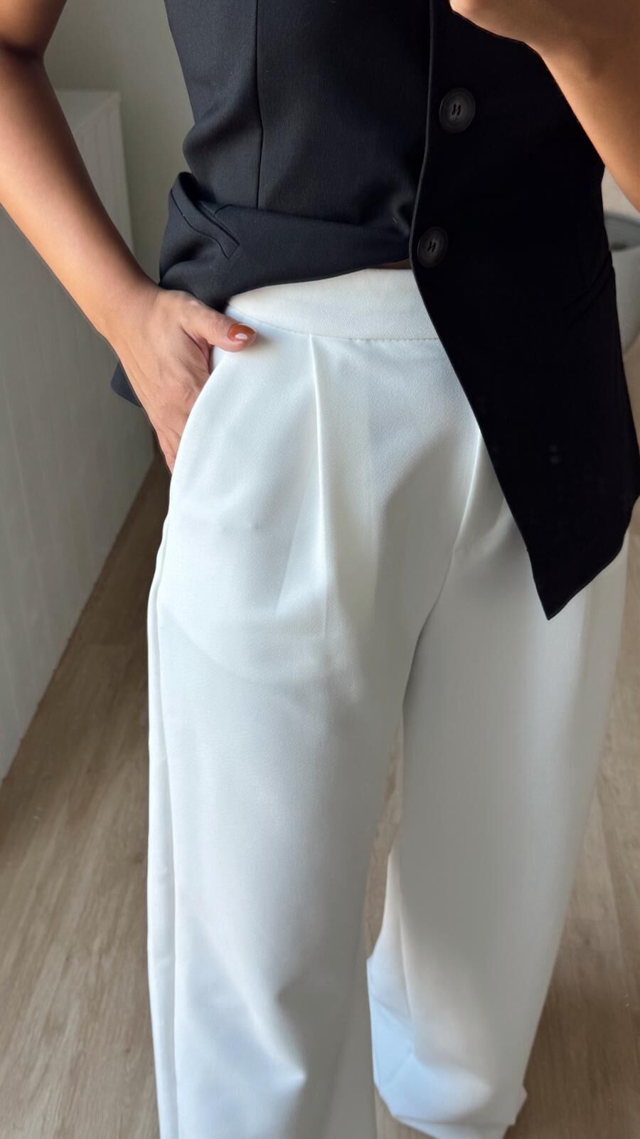 Pileli Palazzo Pantolon Beyaz