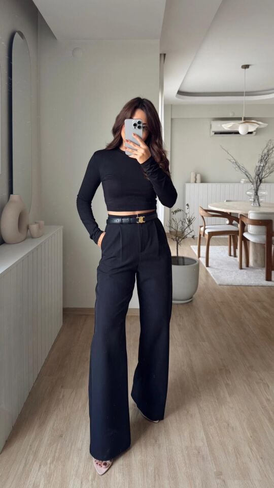 Pileli Palazzo Pantolon Siyah