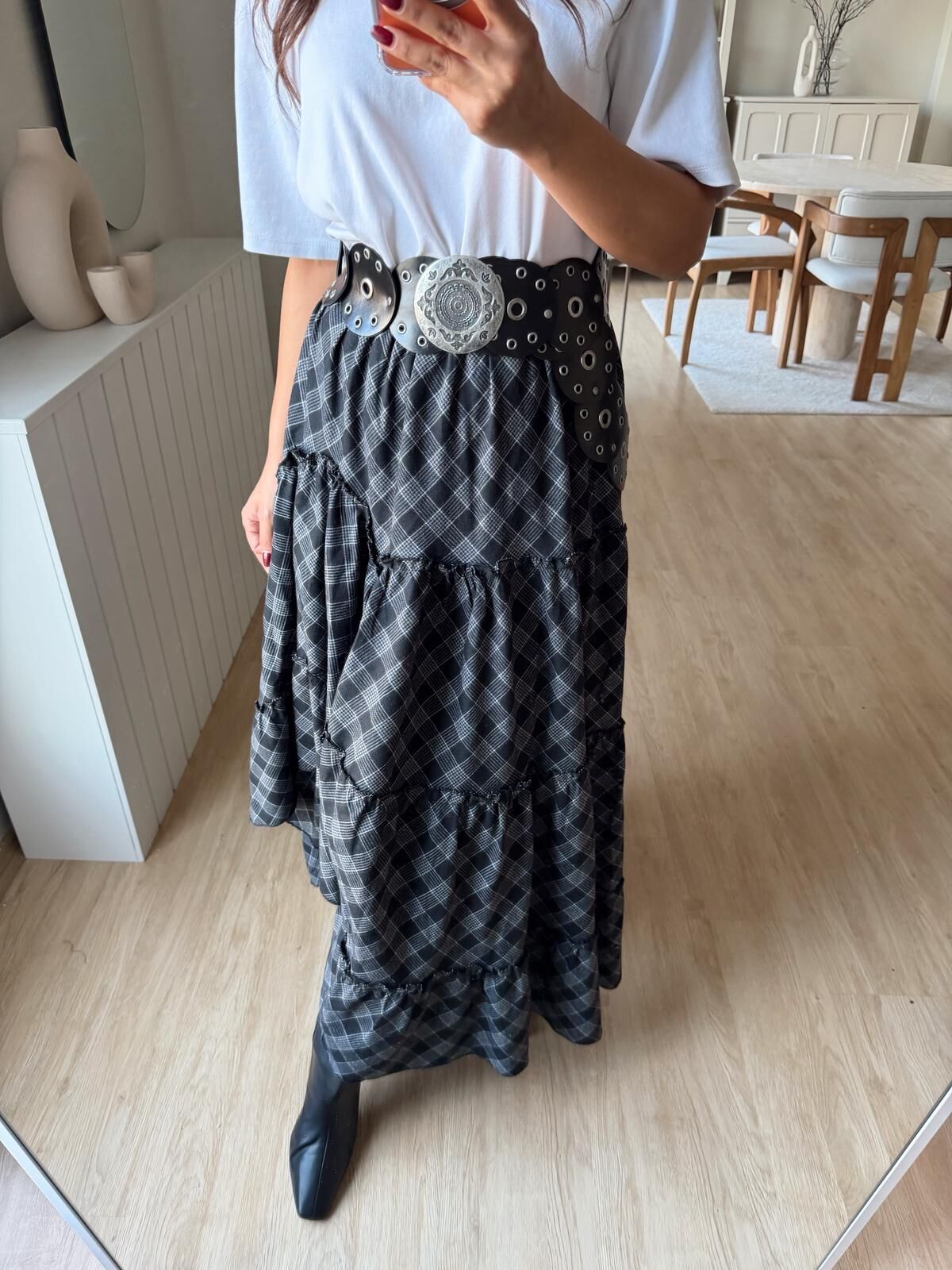 Ekose Desenli Asimetrik Etek Gri