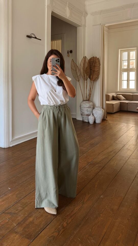 Keten Lastikli Pantolon Haki