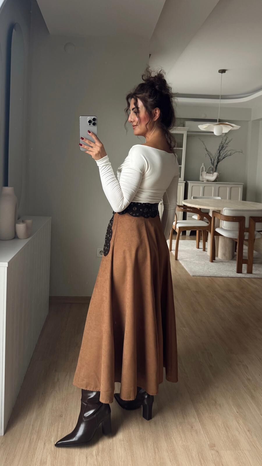 Süet Midi Etek Camel