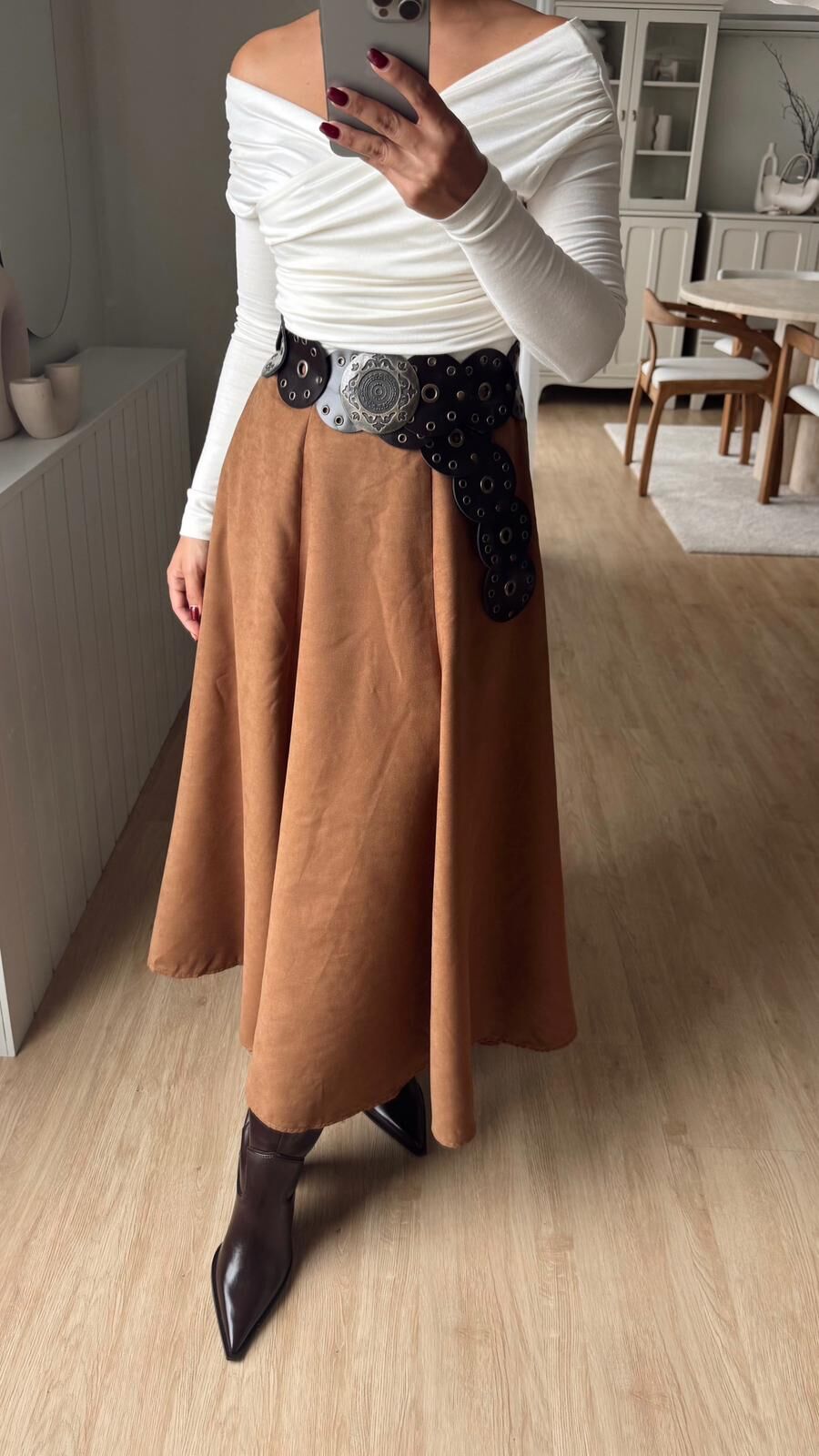 Süet Midi Etek Camel