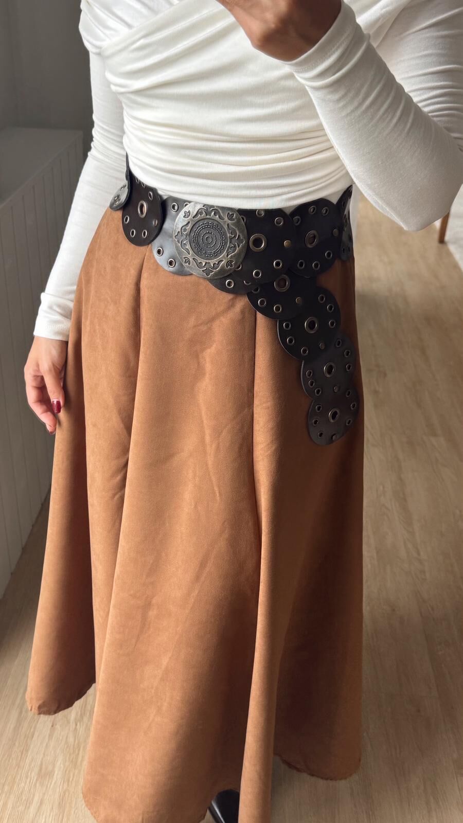 Süet Midi Etek Camel