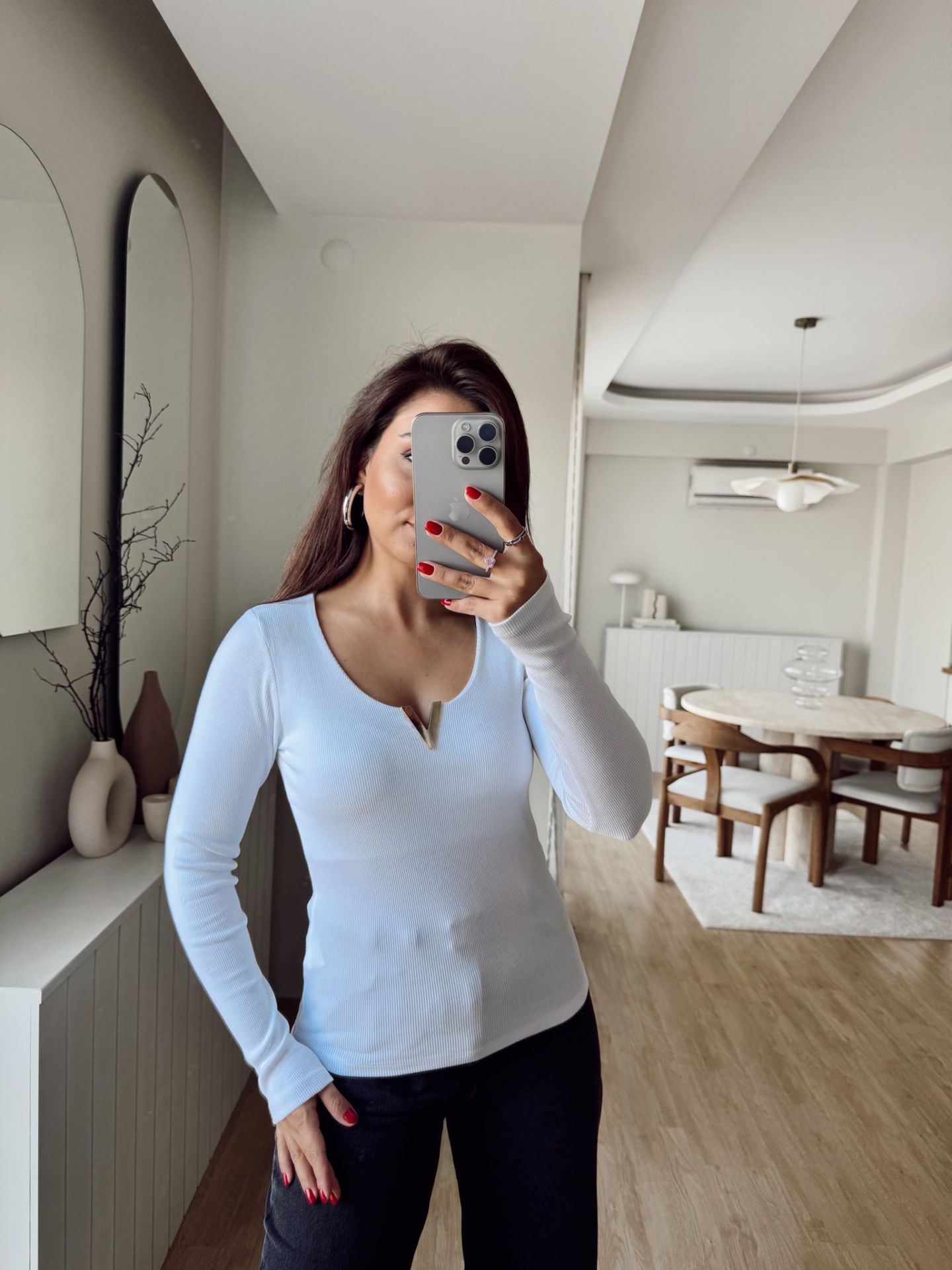 Metal Yaka Fitilli Bluz Beyaz