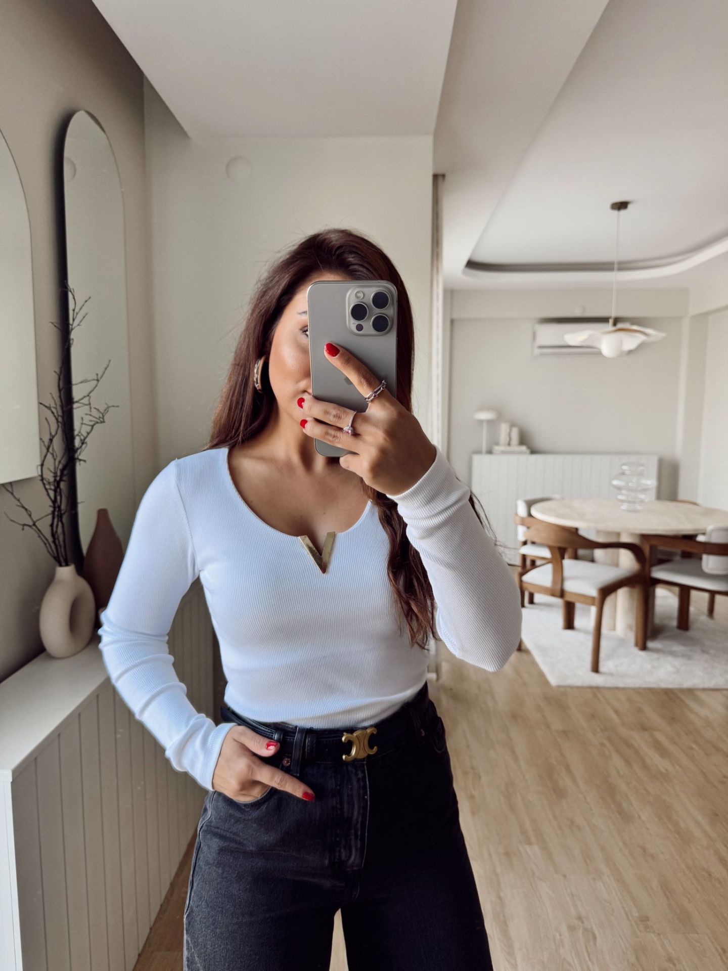 Metal Yaka Fitilli Bluz Beyaz