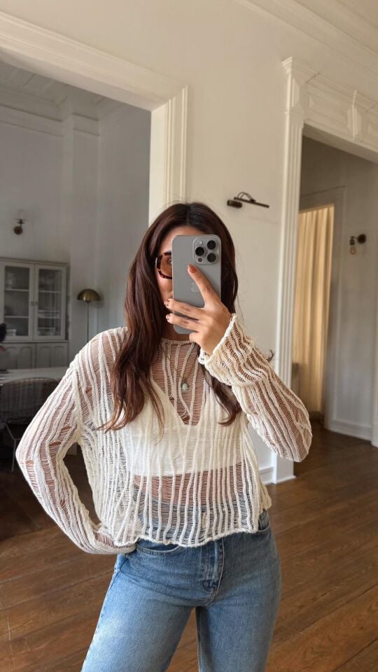 Ajurlu Transparan Bluz Ekru