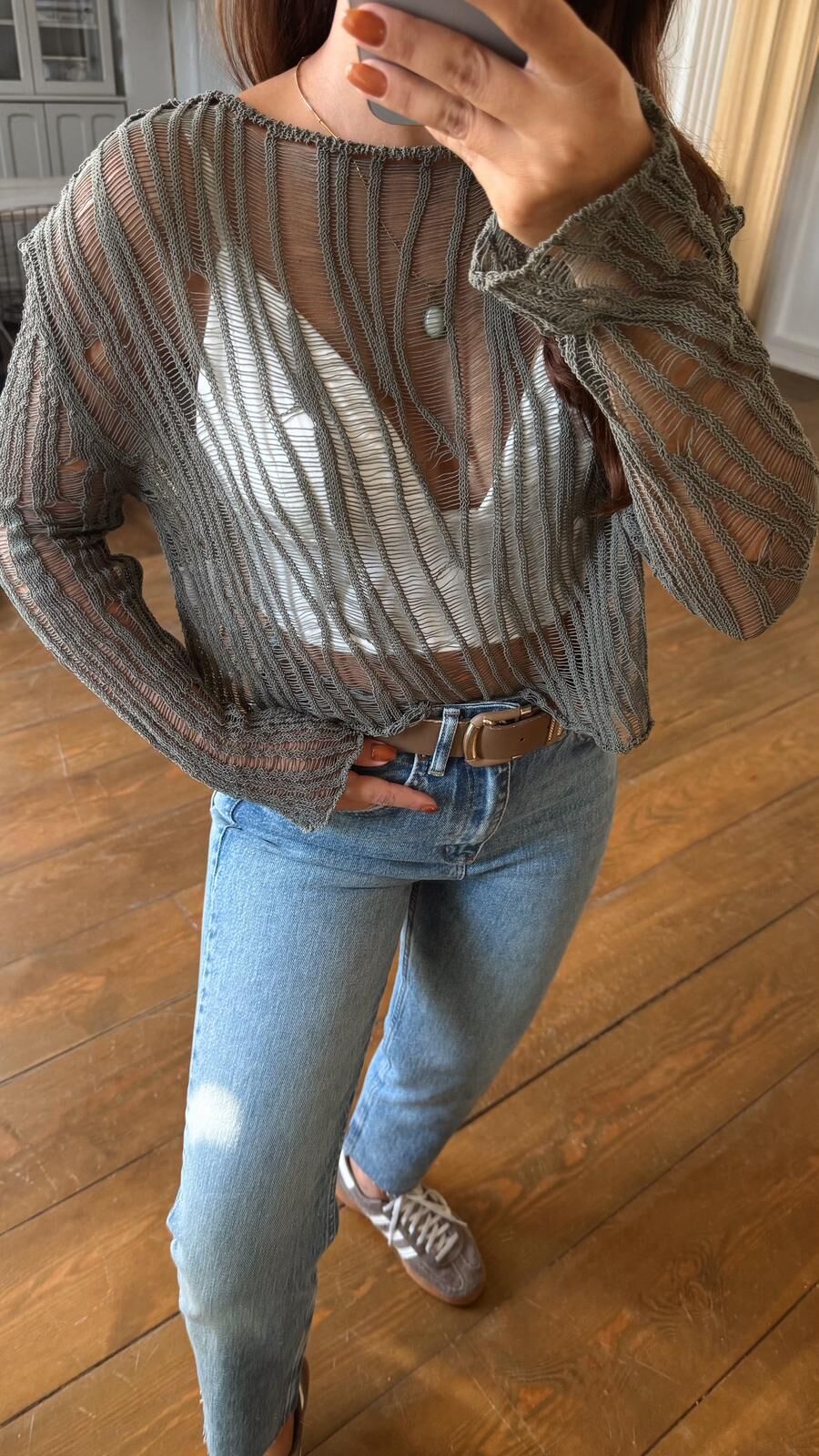 Ajurlu Transparan Bluz Haki