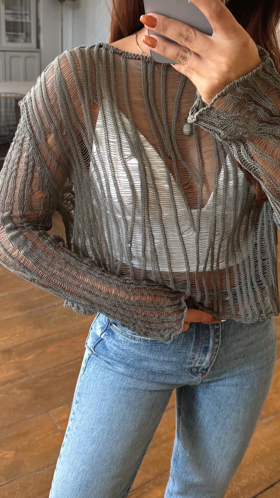 Ajurlu Transparan Bluz Haki