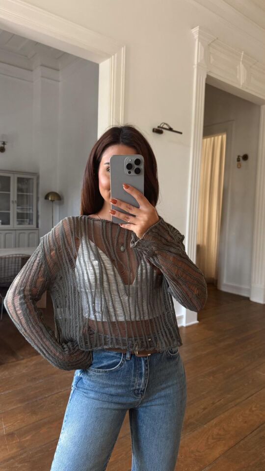 Ajurlu Transparan Bluz Haki