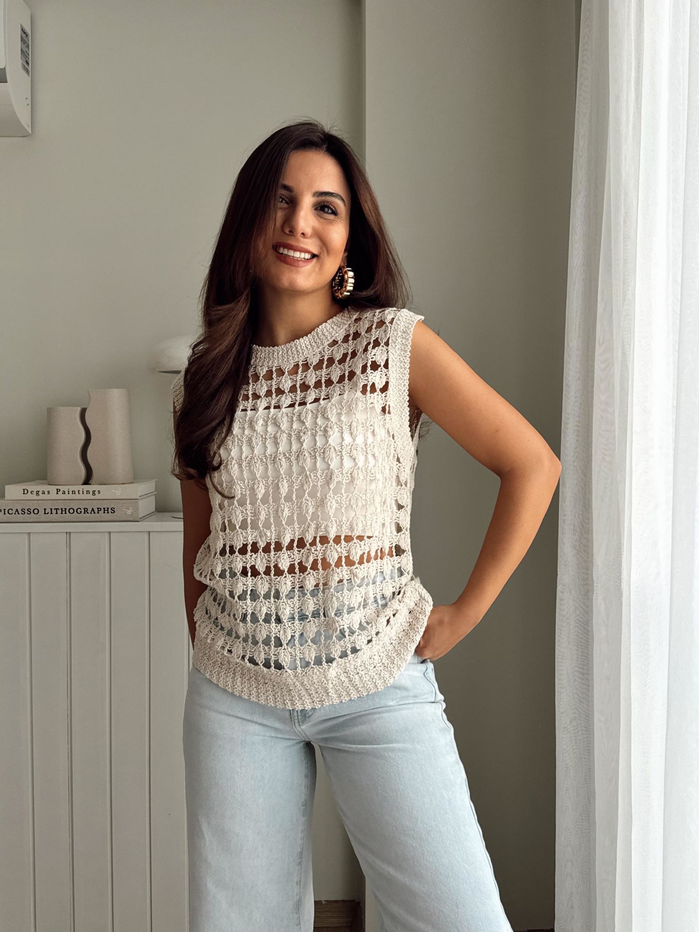 Örgü Kolsuz Bluz Ekru