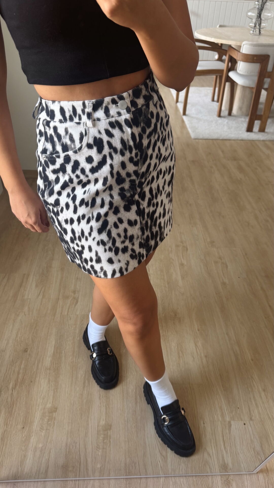 Siyah Beyaz Leopar Mini Etek