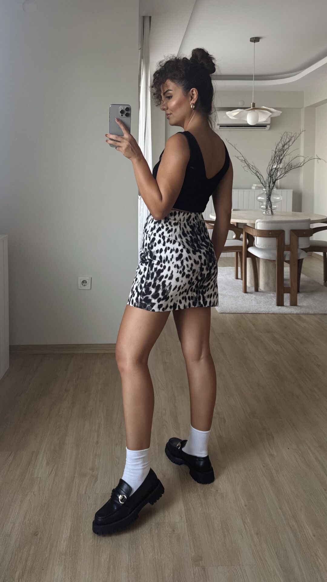 Siyah Beyaz Leopar Mini Etek