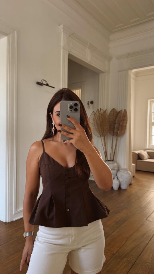 Düğmeli Bluz Kahve