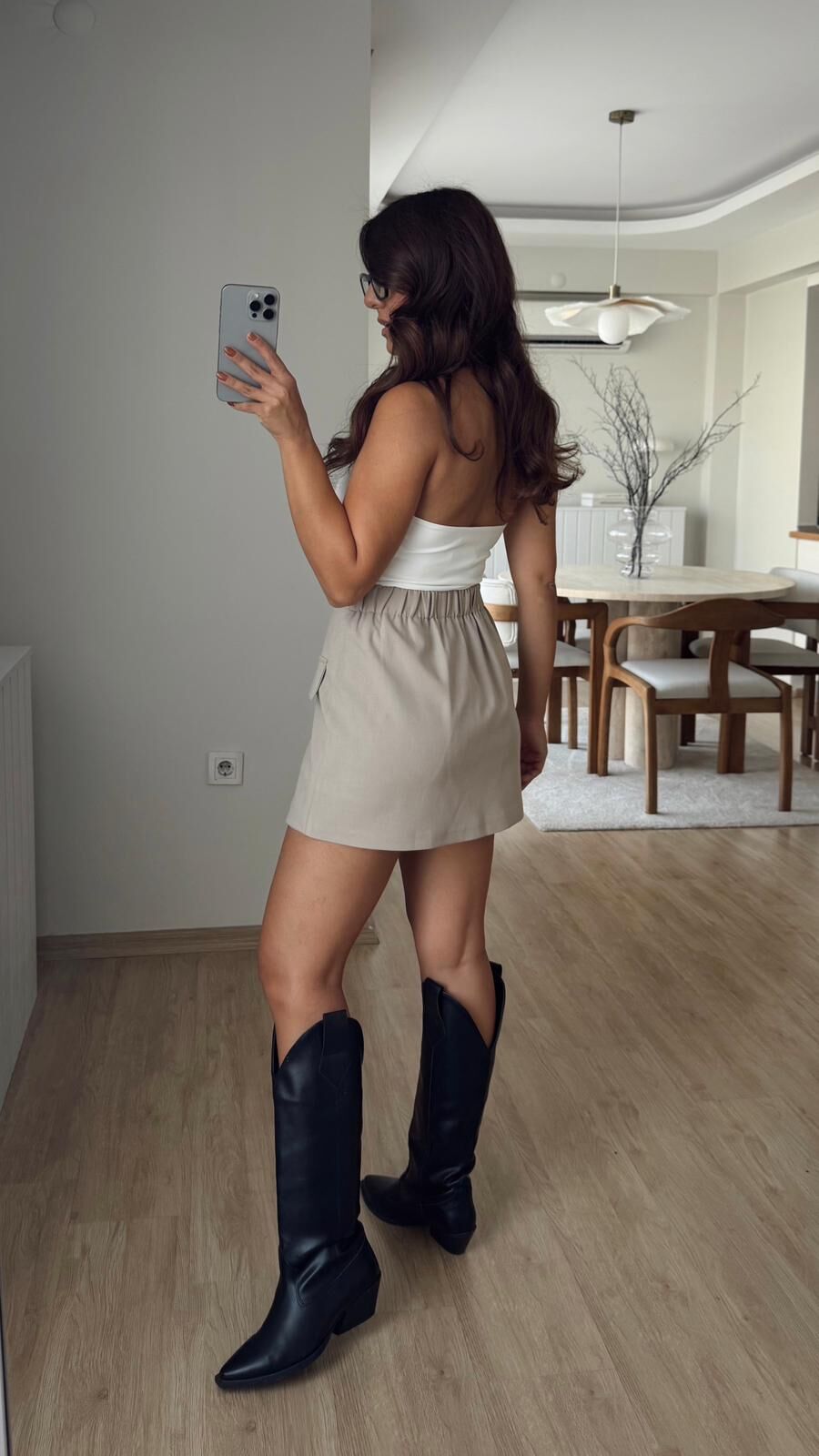 Kemer Detay Bej Mini Etek