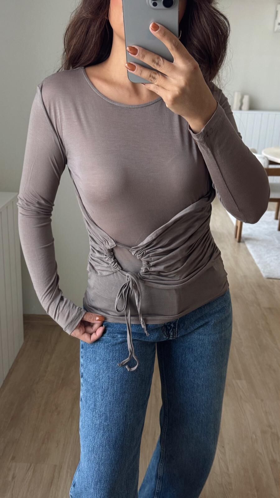 Bağlamalı transparan Bluz Koyu Bej