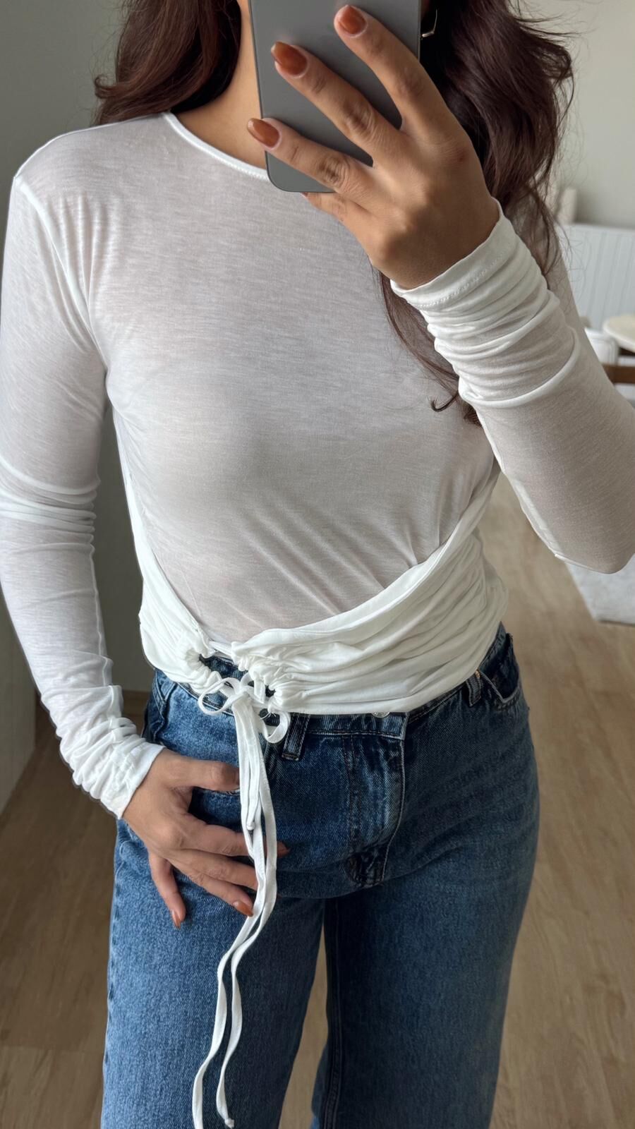 Bağlamalı Transparan Bluz Ekru