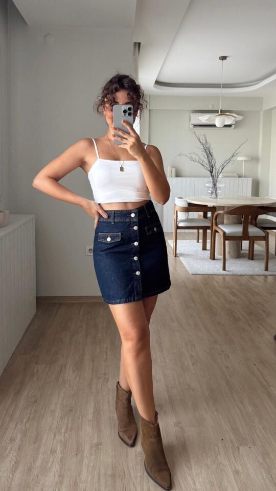 Lacivert Düğmeli Etek