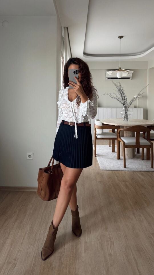 Kemerli Piliseli Etek Lacivert