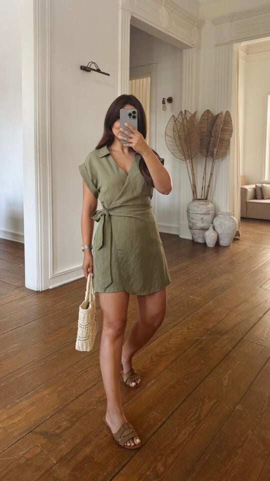 Çizgili Tencel Şort Tulum Haki