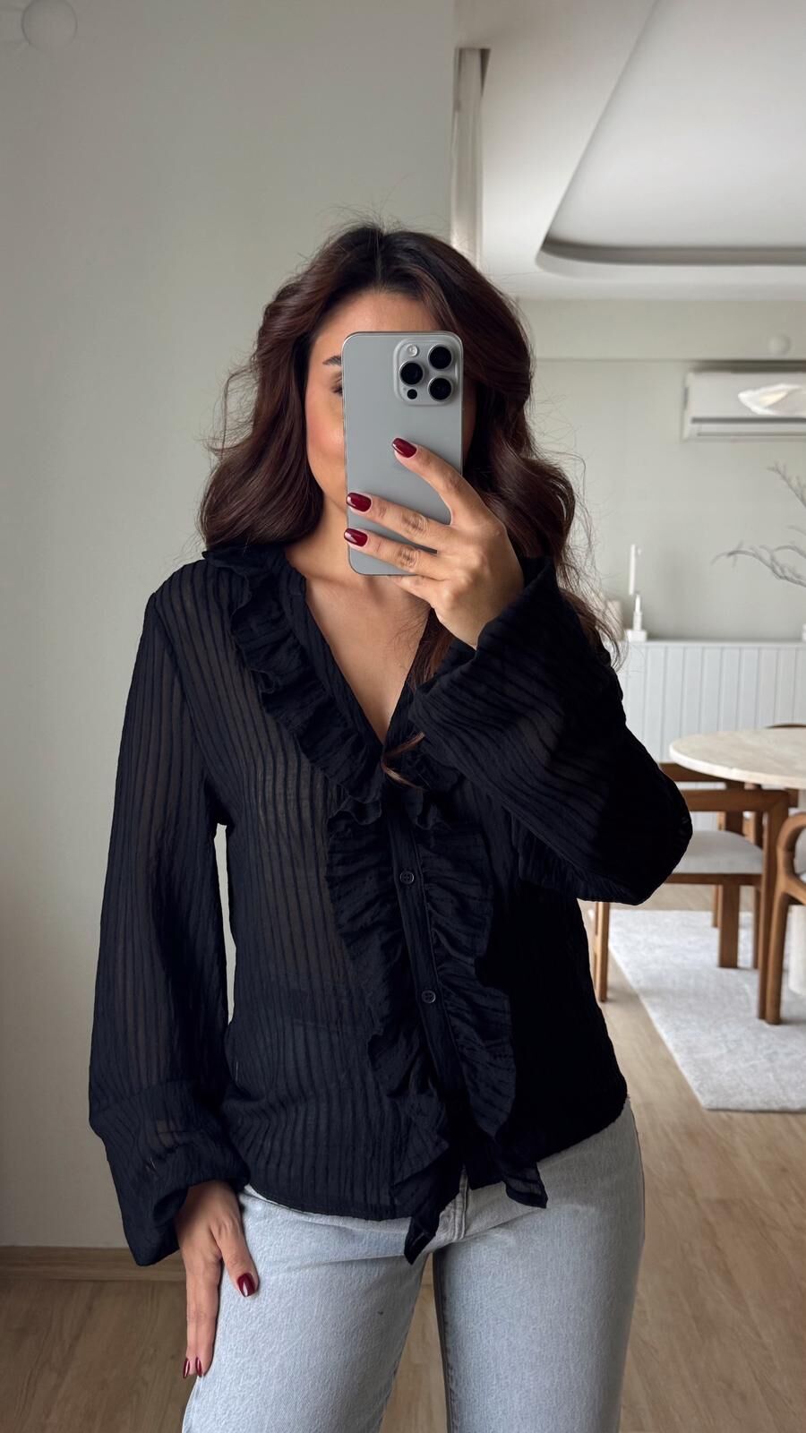 Fırfırlı Çizgili Transparan Gömlek Siyah