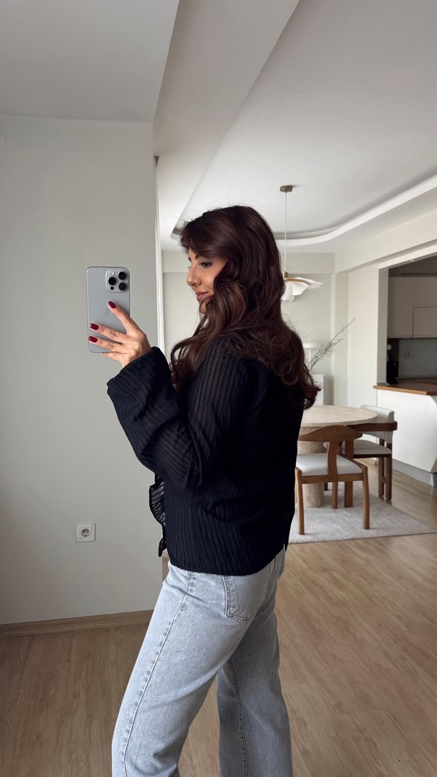 Fırfırlı Çizgili Transparan Gömlek Siyah