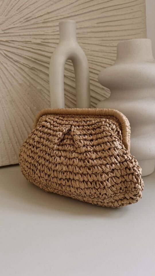 Bej Hasır Clutch Çanta