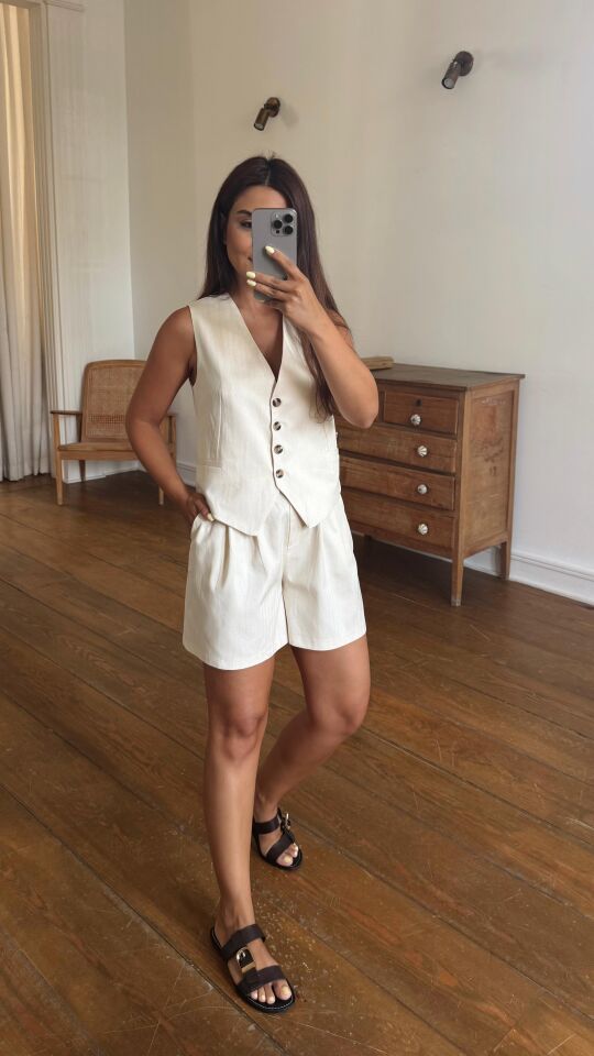 Cotton Yelek Şort Takım Bej