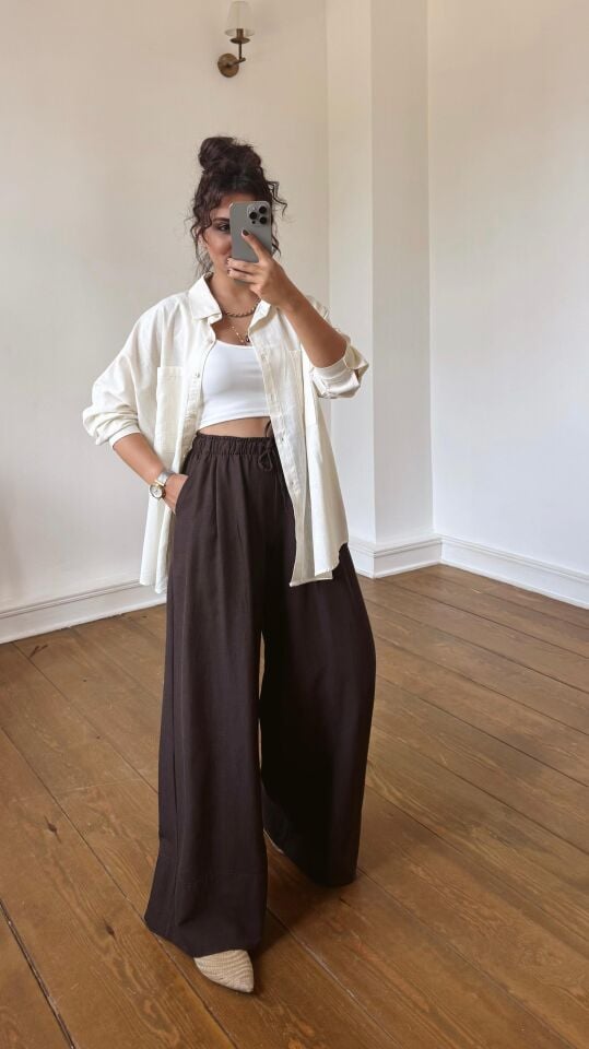 Keten Lastikli Pantolon Kahve