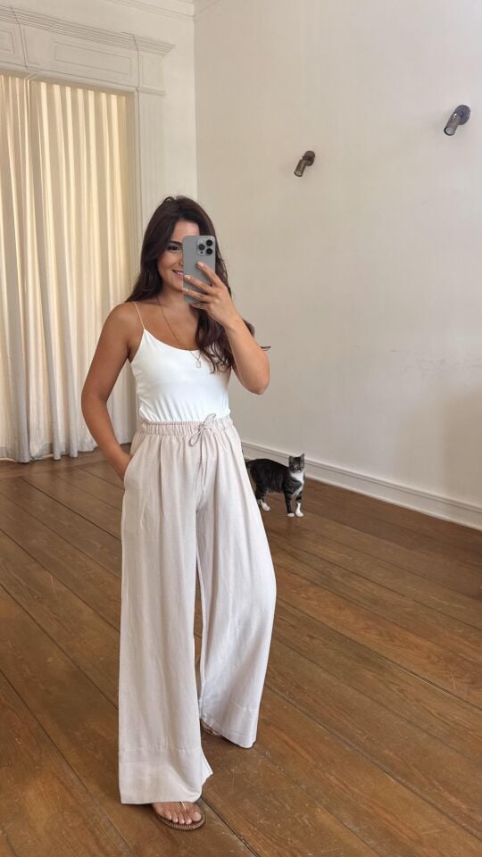 Keten Lastikli Pantolon Natural