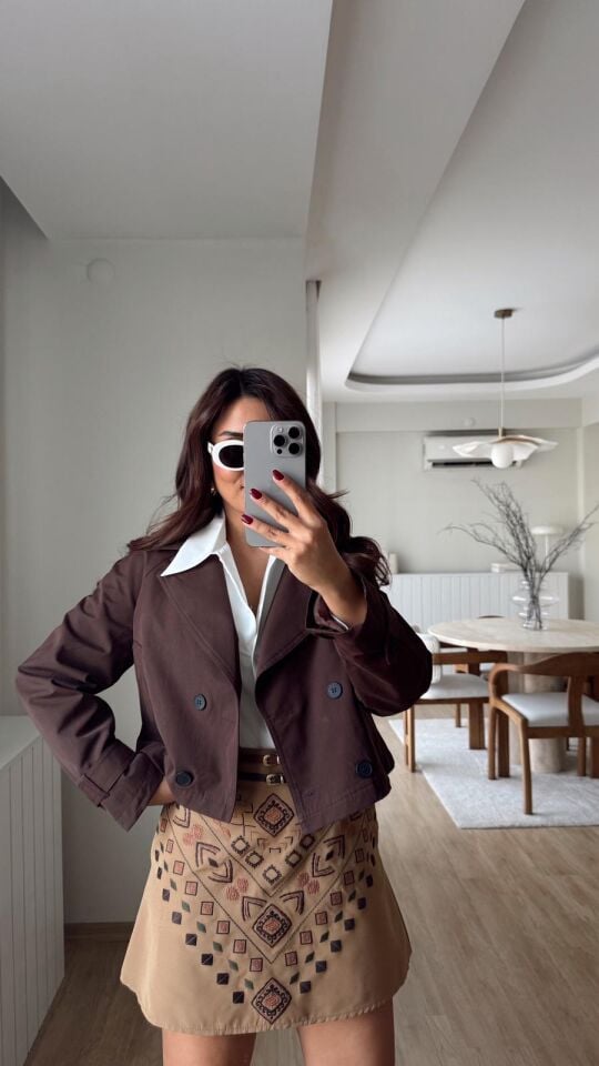 Düğmeli Crop Trench Kahve