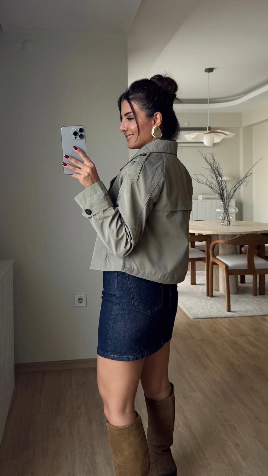 Düğmeli Crop Trench Haki