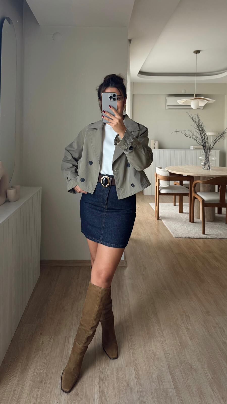 Düğmeli Crop Trench Haki