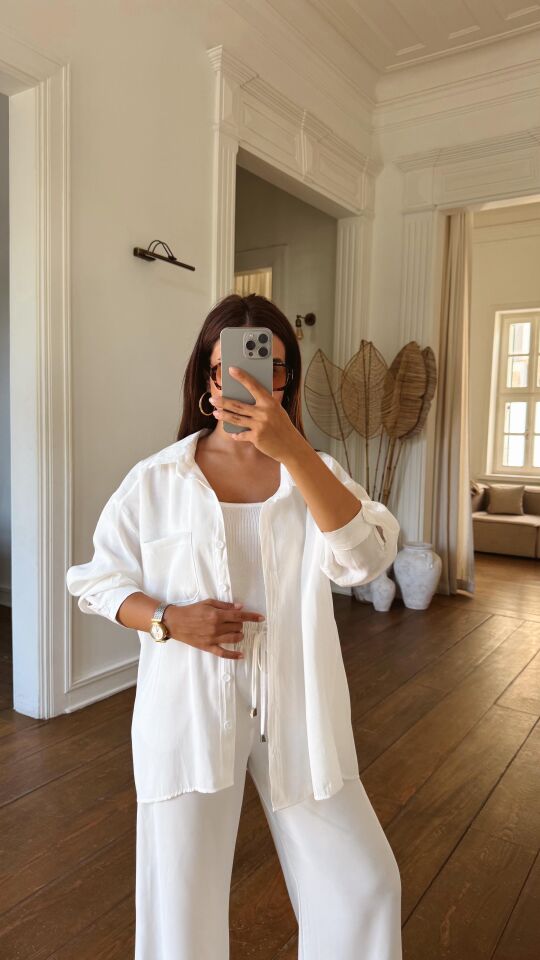 Floş Cepli Gömlek Beyaz