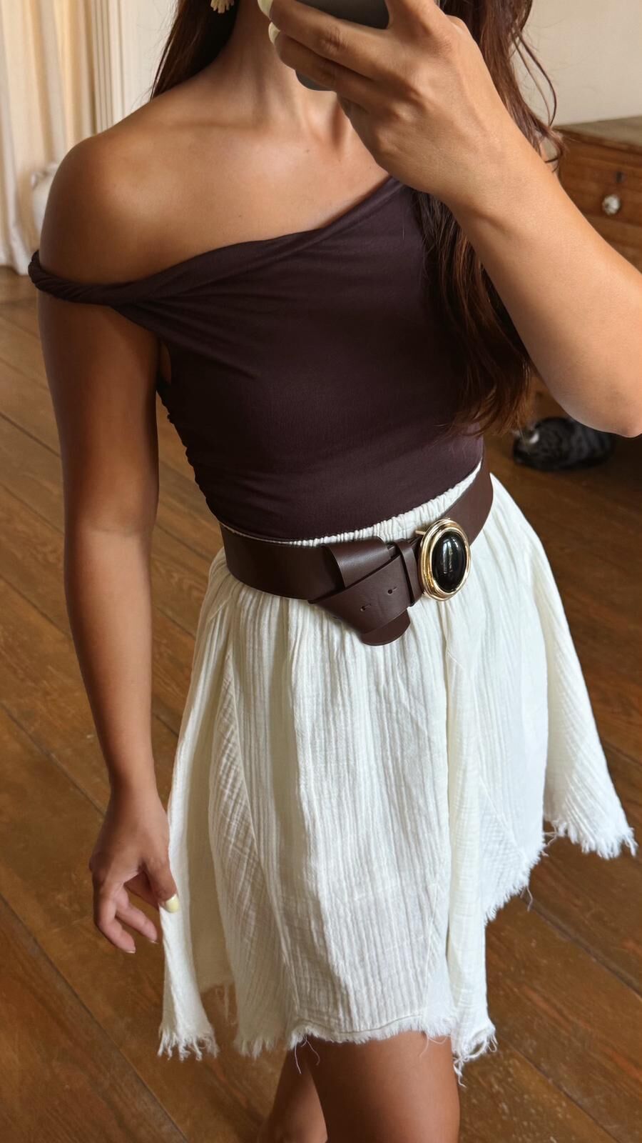 Drapeli Burgu Askı Bluz Kahve