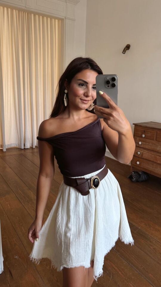 Drapeli Burgu Askı Bluz Kahve