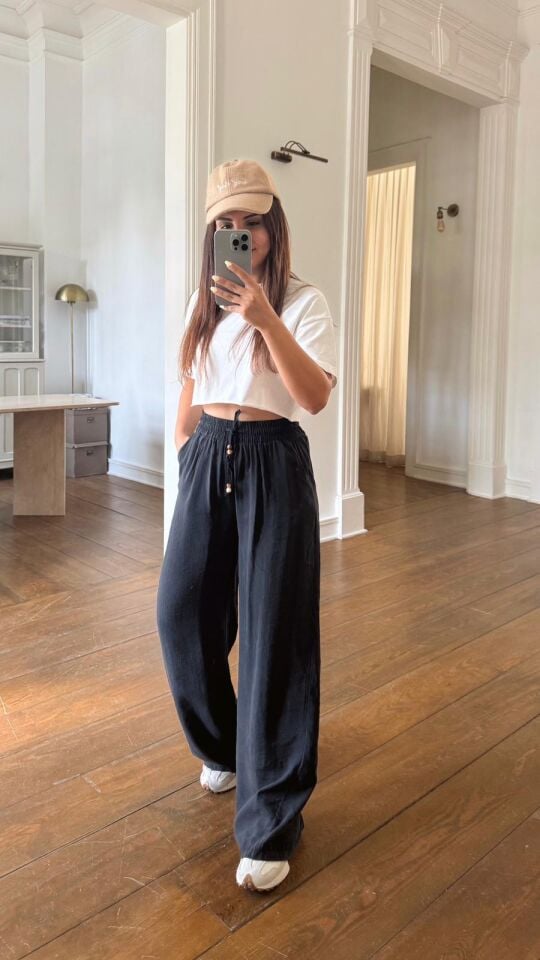 Tencel Boncuklu Pantolon Siyah