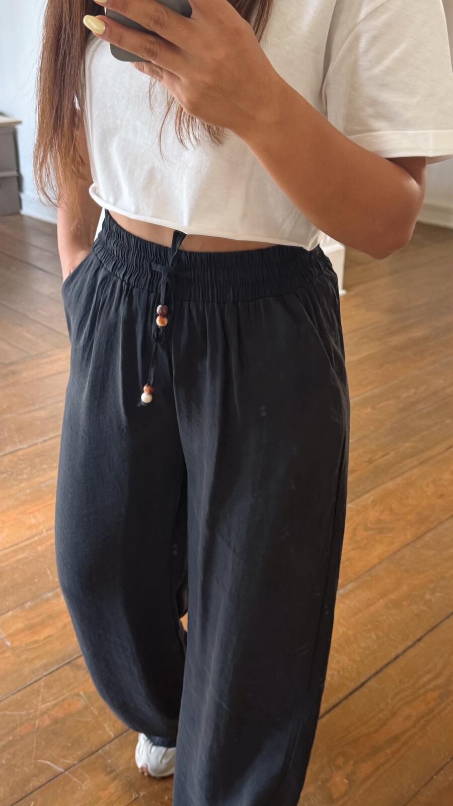 Tencel Boncuklu Pantolon Siyah