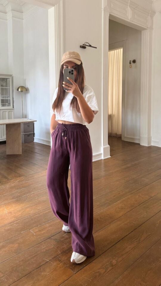 Tencel Boncuklu Pantolon Mürdüm