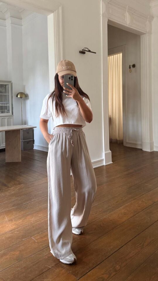 Tencel Boncuklu Pantolon Taş