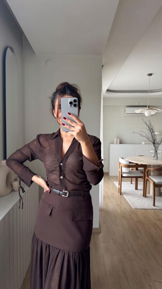 Brina Transparan Şifon Gömlek Kahve