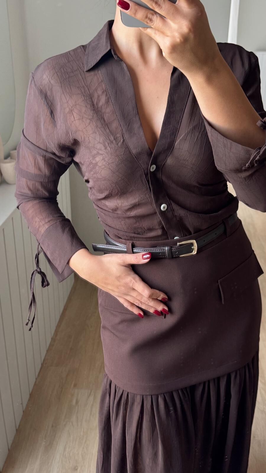 Brina Transparan Şifon Gömlek Kahve