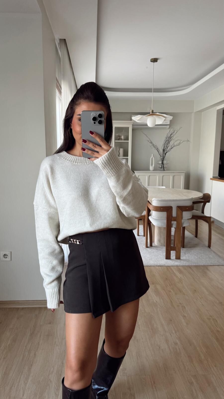 Zincirli Pileli Şort Etek Kahve