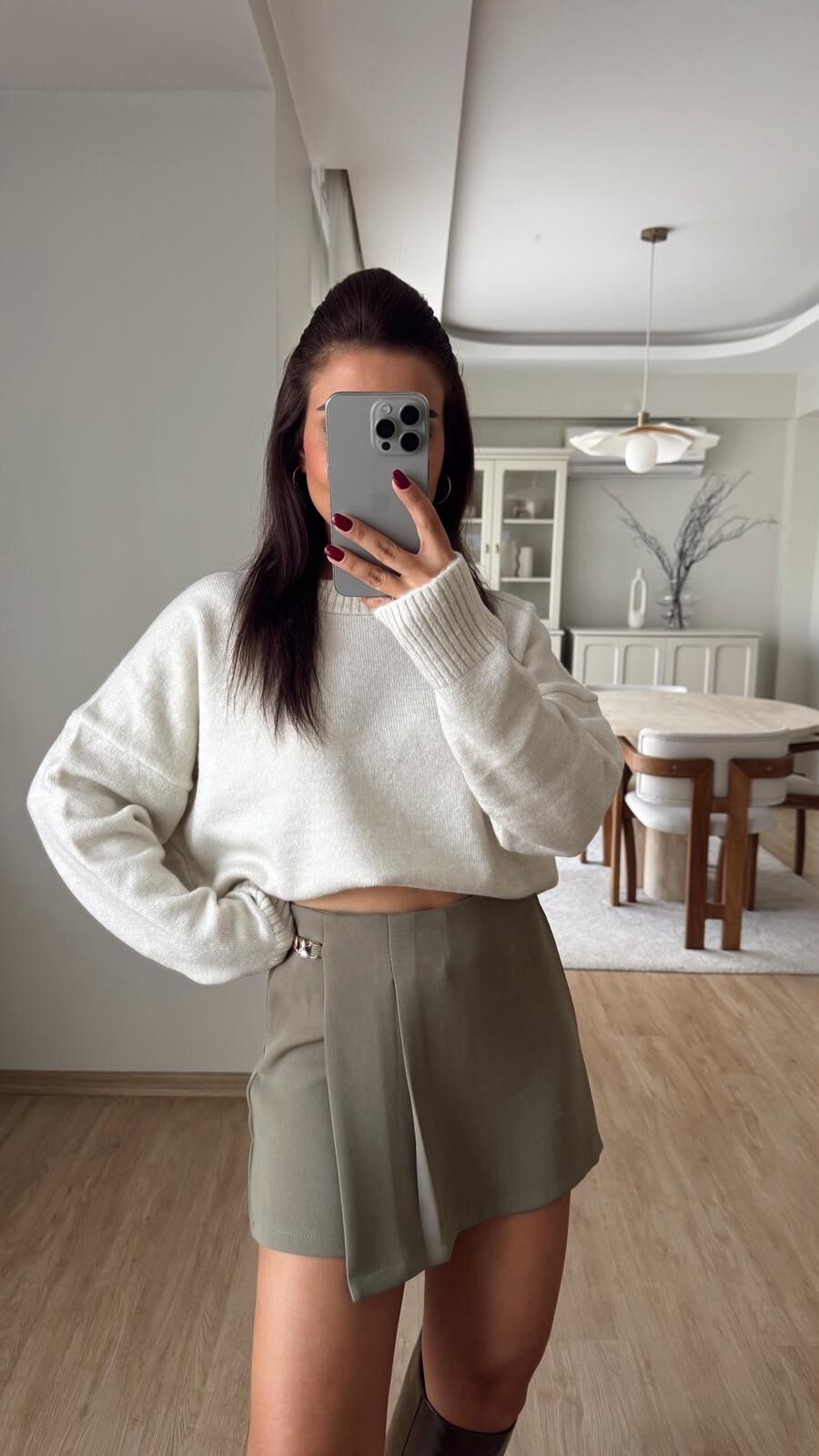 Zincirli Pileli Şort Etek Haki