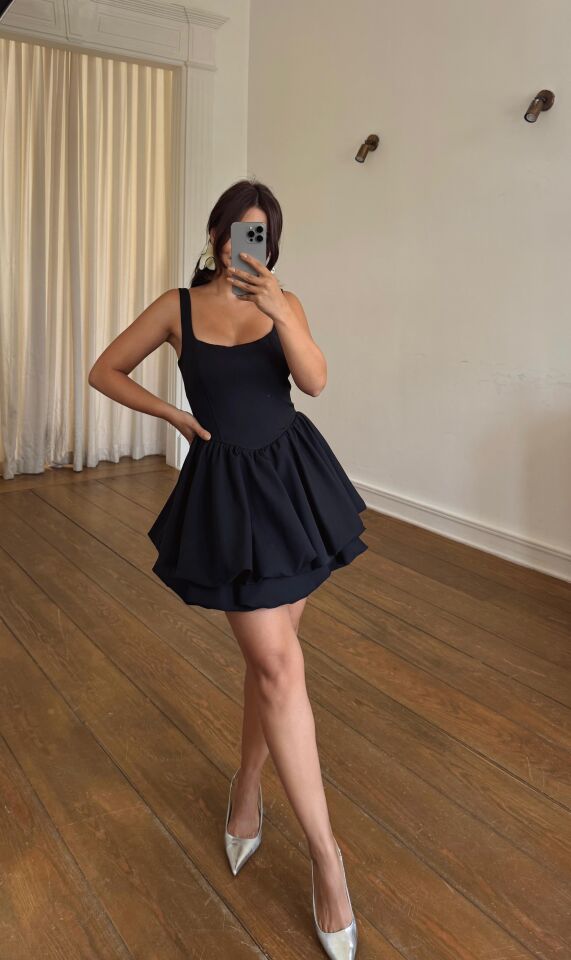 Balon Mini Elbise Siyah